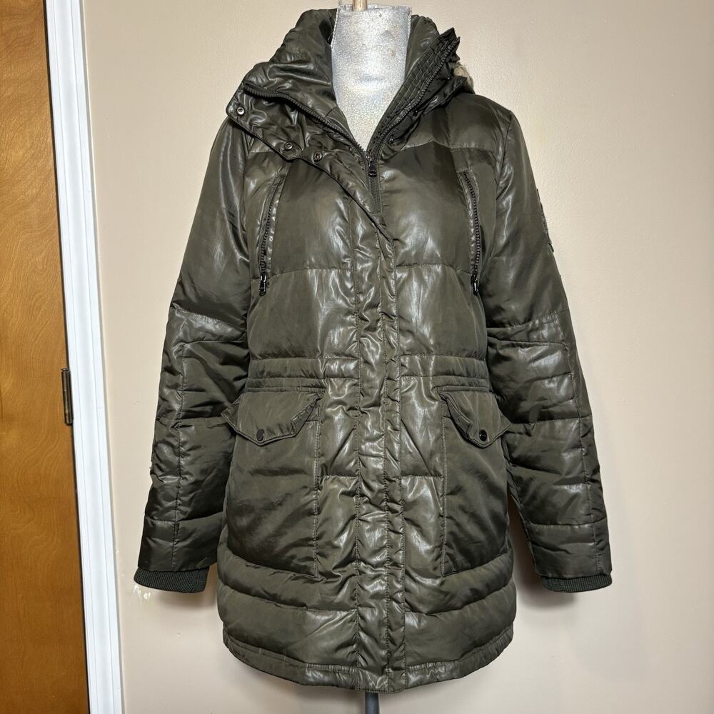 Ralph Lauren Womens Down Puffer Parka Coat Olive Green Size M Faux Fur